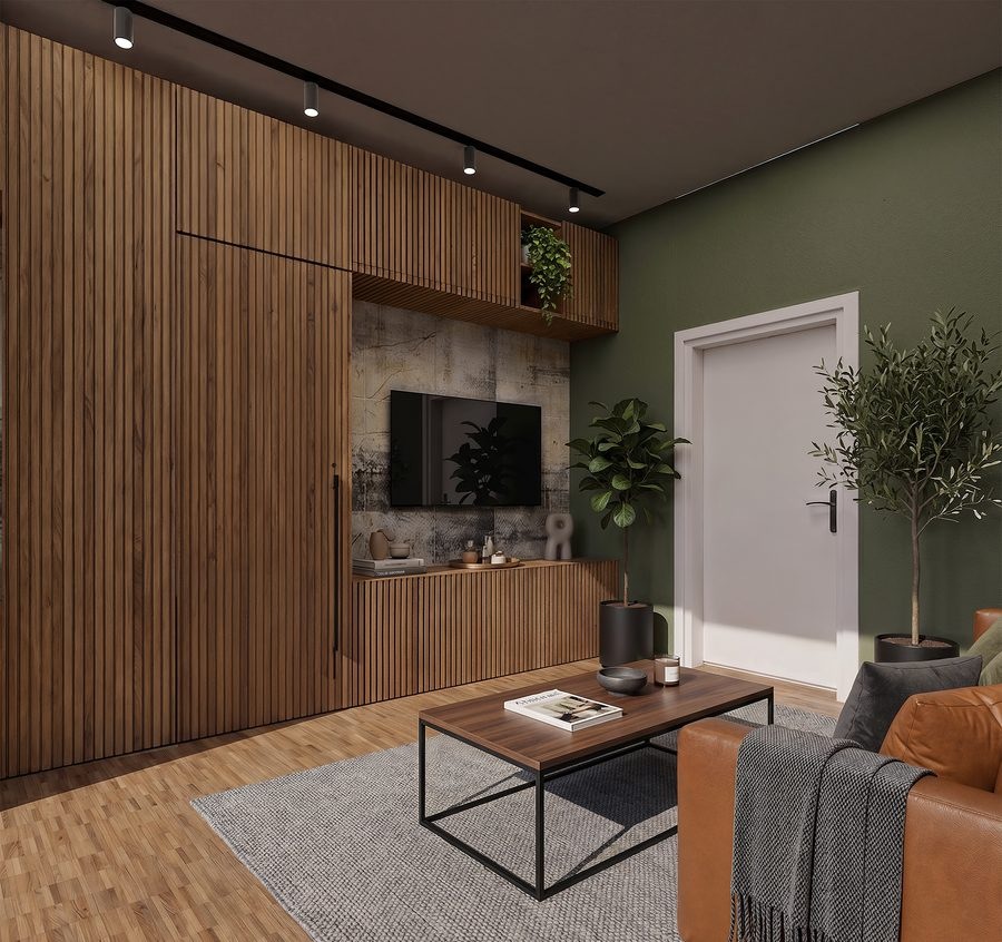 Zona giorno con boiserie in legno